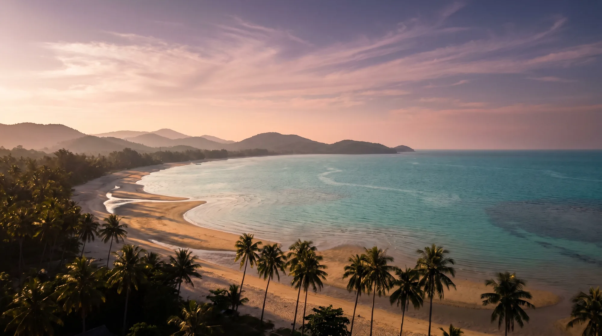 Aerial view of Koh Samui coastline at golden hour