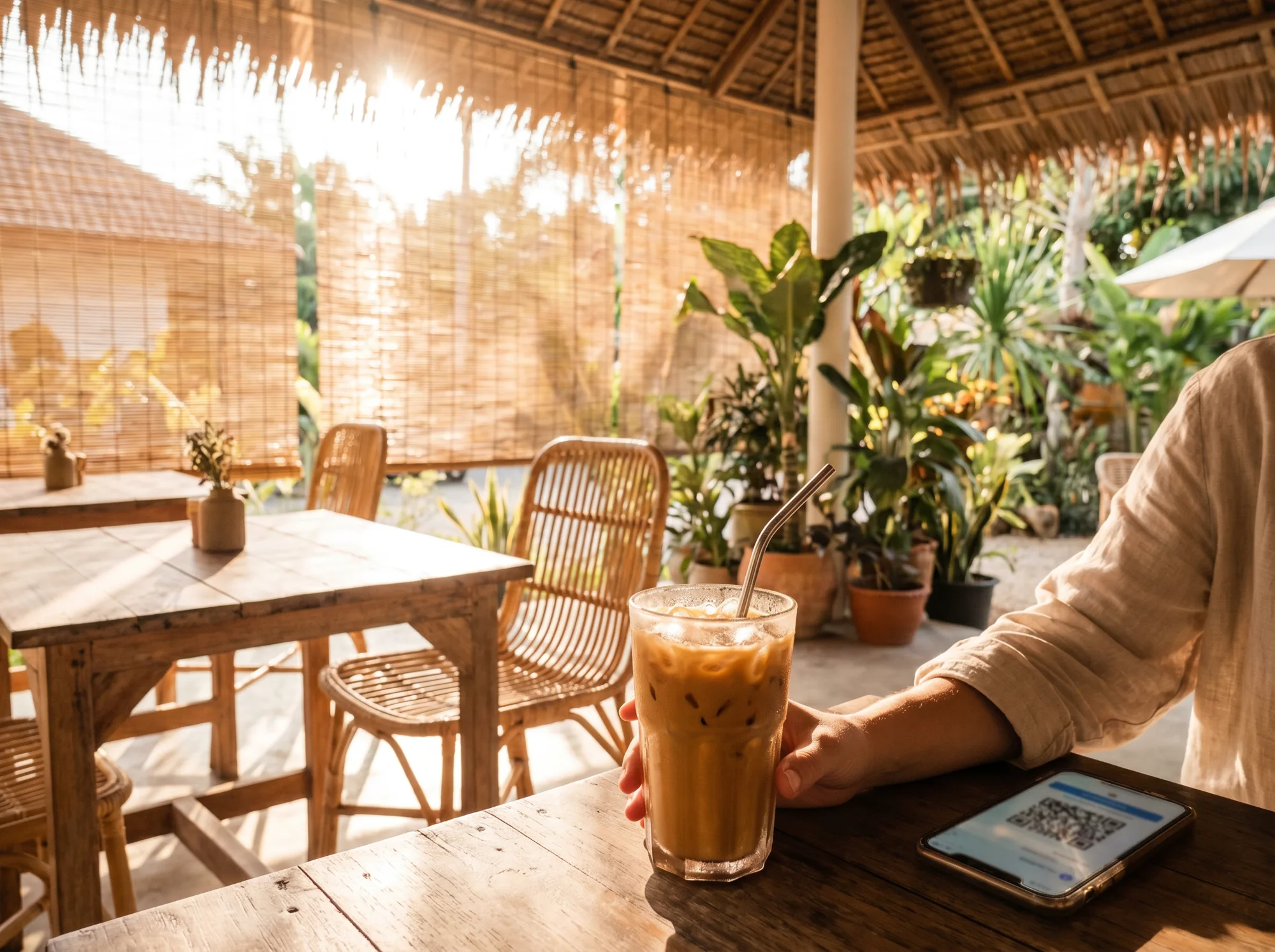 A morning coffee at a Samui café with a QR code on a phone screen